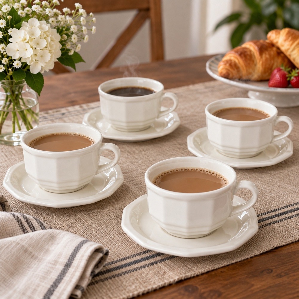 Pfaltzgraff Heritage White Tea Cup Saucer Set 8pc White Octagonal Stoneware USA